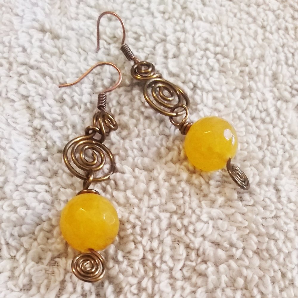 Handcrafted Yellow Agate + Wire Art Statement Earrings - Picture 3 of 10